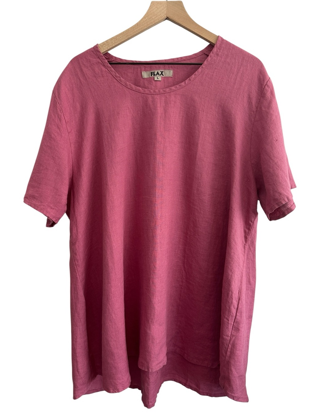 Flax Women Shirt Large Pink Short-Sleeve 100 % Linen Tunic Boho Oversized Relax